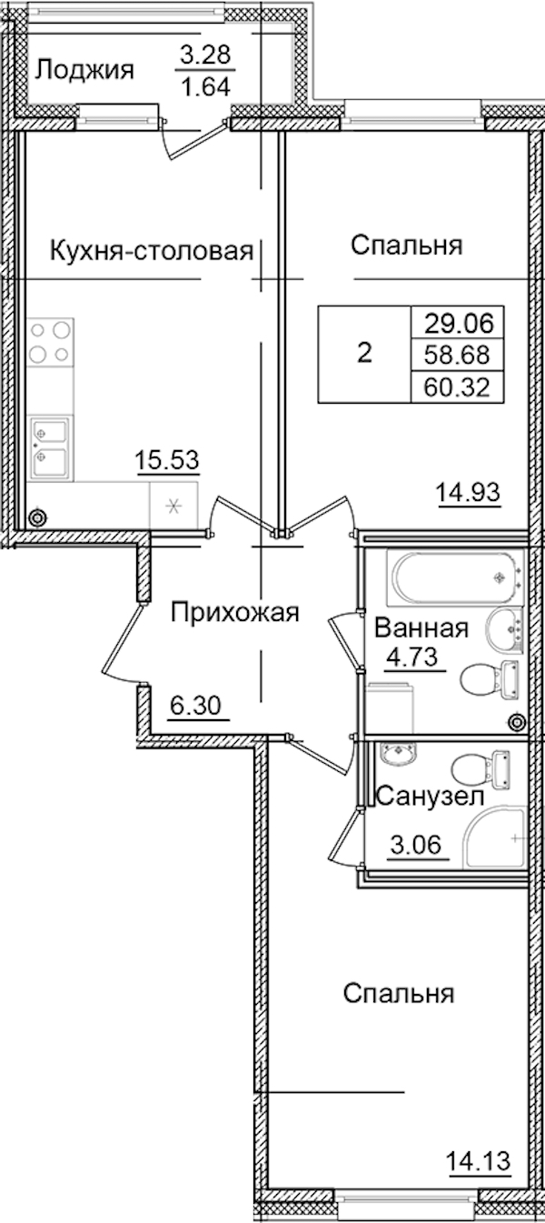 2-комнатная квартира 60.32 м², 2/9 эт., ЖК «Квартал Заречье»